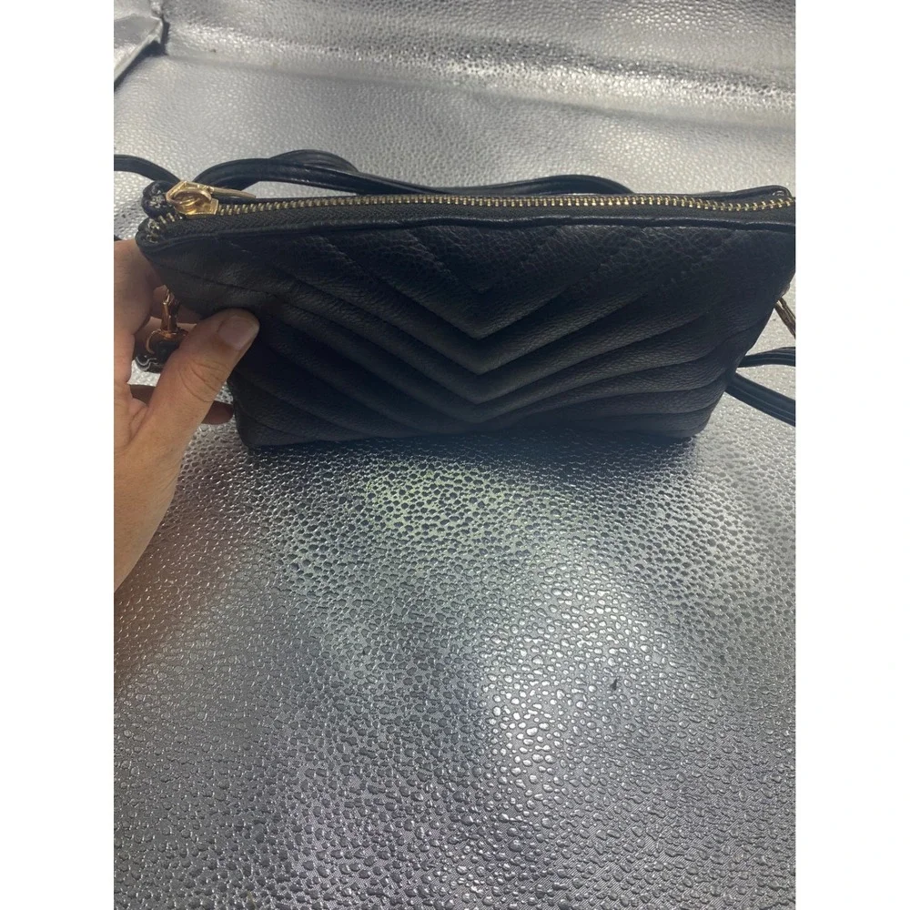Black Quilted Chevron Crossbody Bag Gold Hardware Faux Leather Shoulder Purse